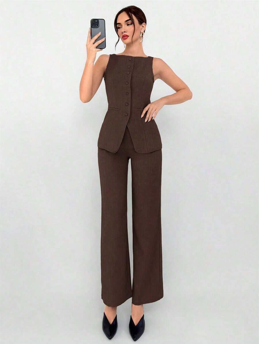 Conjunto de 2 piezas para uso de oficina para mujer, chaqueta con escote entallado color caqui y pantalones, para otoño/invierno - Marrón Mocha - Ver 1
