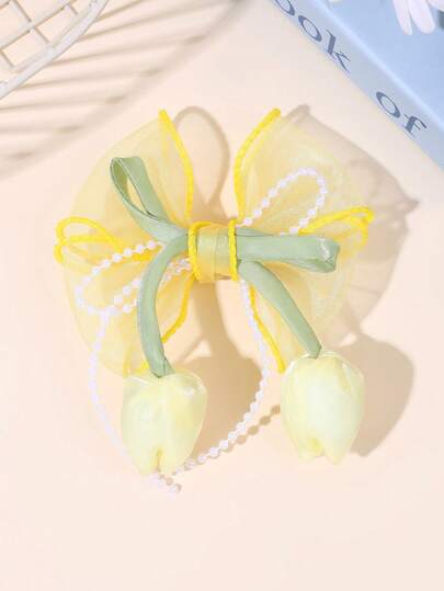 1pc Yellow Tulip Hair Bow For Women Elegant Pearl Chain Bow Hair Clip Yellow Organza Bow Alligator Clip Romantic Bead Chain Bow Hair Barrette Cute Flower Hairpin For Daily Party & Holiday Women Hair Accessories