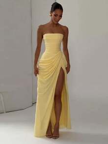 Summer Dresses For Women's 2026 Strapless Yellow Maxi Dress | Elegant Fitted High Slit Evening Gown For Party, Wedding Guest & Formal Occasions,Fitted - 黃色 - 查看 5