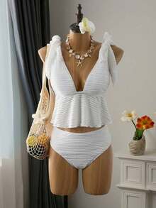 Mod Conjunto de traje de baño de 2 piezas para mujer con top corta de tirantes finos con estampado de cuadros y nudo delantero, y Bottom tipo bikini con cordón en la cintura, para verano - Blanco - Ver 7