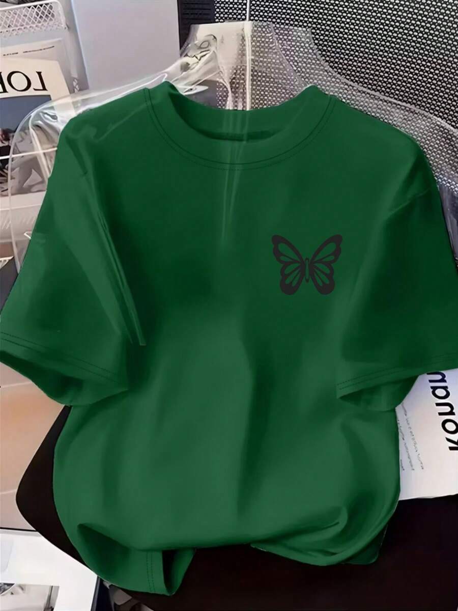 Soft 100% Cotton T-Shirt, Standard Size, Short Sleeve Clothing, Minimalist Linear Geometric Element Print Y2K - Short Sleeve T-Shirt, Summer Casual Clothing, Breathable Cotton T-Shirt, Goes With Everything. - 綠色 - 查看 1