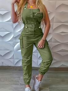 Women's Casual Solid-Color Loose-Fit Multi-Pocket Bib Overalls Cargo Pants - Army Green - View 2