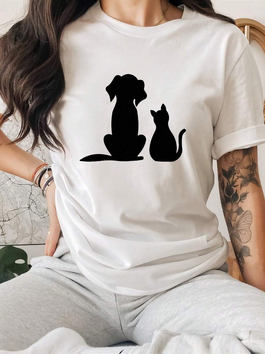 Camiseta deportiva casual para mujer con estampado de perro y gato, cuello redondo, manga corta, tejido de punto de poliéster para primavera/verano. - Blanco - Ver 1