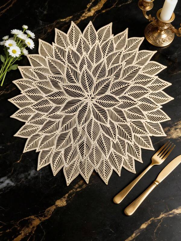 1Pc/6Pcs Gold Flower Patterned PVC Placemats For Dining Table , Holiday Wedding Party Dining Table Decor, Home Decor