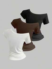 3 piezas Camisetas ajustadas con cuello asimétrico para mujer, tops básicos con cuello asimétrico en negro, blanco, rosa - Negro 3 - Ver 2