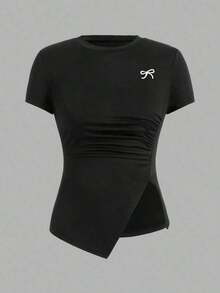 Camiseta ajustada de manga corta con estampado de mariposa, de uso casual y versátil para el verano, diseño minimalista de estilo INS - Negro - Ver 5