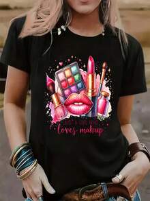 A Printed T-Shirt For Makeup Lovers, With A Casual Round Neck And Short Sleeves, Ideal For Spring And Summer, Comfortable And Breathable, Perfect For All Seasons, Women's Sportswear - 黑色 - 查看 11
