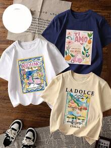 1 Piece Of Women's Short-Sleeved Round Neck T-Shirt, Casual Style With Colorful Letter And Paint Print, Electric Car Design, Fashionable And Versatile, Suitable For Women's Tops, Ideal For Vacation And Spring In Summer. - 杏色 - 查看 1