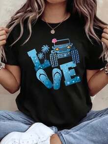 Oversized T-Shirt With JEEPS Off-Road Print, Casual Crew Neck, Short Sleeve, Cotton, Casual Urban Style, 220g - Black - View 1