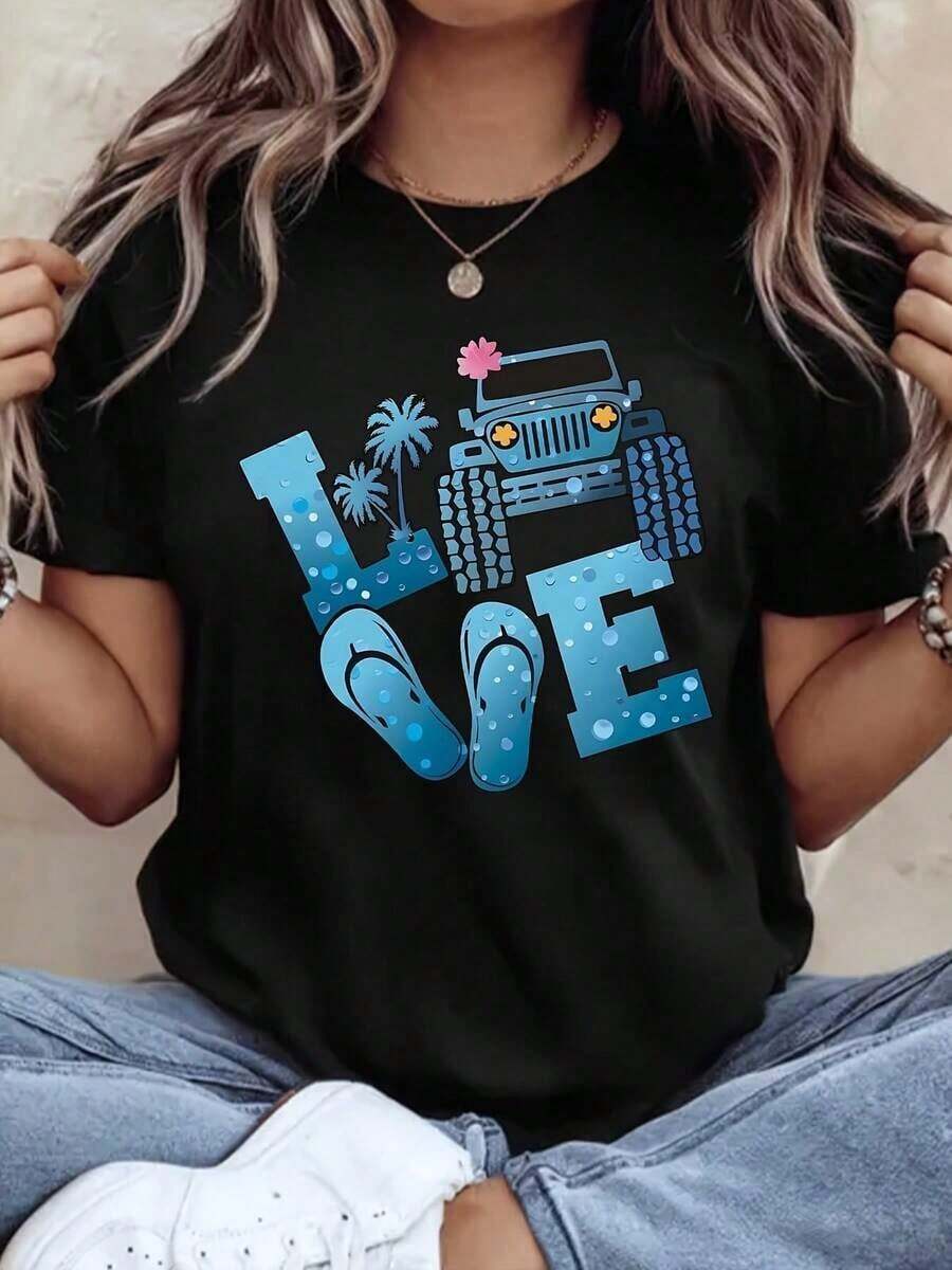 Oversized T-Shirt With JEEPS Off-Road Print, Casual Crew Neck, Short Sleeve, Cotton, Casual Urban Style, 220g - Black - View 1
