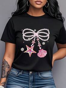 Camiseta estampada con lazo de perlas, estrellas de mar y conchas, de manga corta y cuello redondo, ropa de mujer de estilo dulce y lindo, adecuada para vacaciones, uso diario casual y para expresar individualidad. Perfecta como regalo de vacaciones o sorpresa de cumpleaños. Conjuntos a juego para mejores amigas y hermanas para crear un estilo romántico de verano. Camiseta de mujer de algodón puro con estampado. - Negro - Ver 7