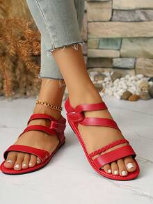 Women's Woven Strap Decorated Flat Sandals, Casual Hook And Loop Sandals - Red - View 7