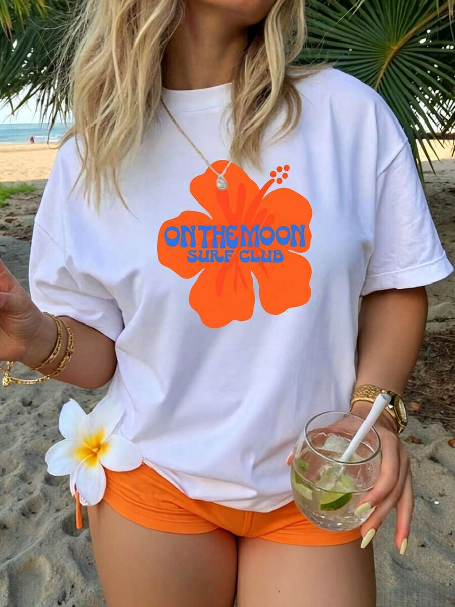Women's Short-Sleeved T-Shirt With A Round Neck, American Retro Casual Style, Soft And Comfortable, Modern And Durable Print, Ideal For Summer, Daily Wear, Meetings, Parties And Outdoor Activities - 白色 - 查看 1