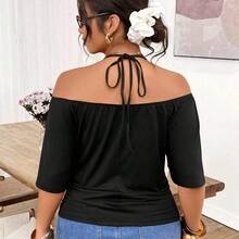 Plus Size Women's Off-Shoulder Black T-Shirt With Beaded Tie Design - Caqui - Ver 3