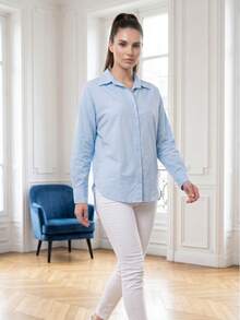 Soft Pink Oversized Shirt For Women - Long Sleeve Everday Blouse - Blue - View 3