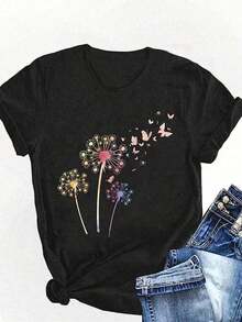 SimpieAndVersatileDesignCamiseta casual de cuello redondo para mujer, camiseta estampada con diente de león y mariposa para primavera y verano, top estampado para mujer, suave y cómodaCottonT-Shirt - Negro - Ver 6