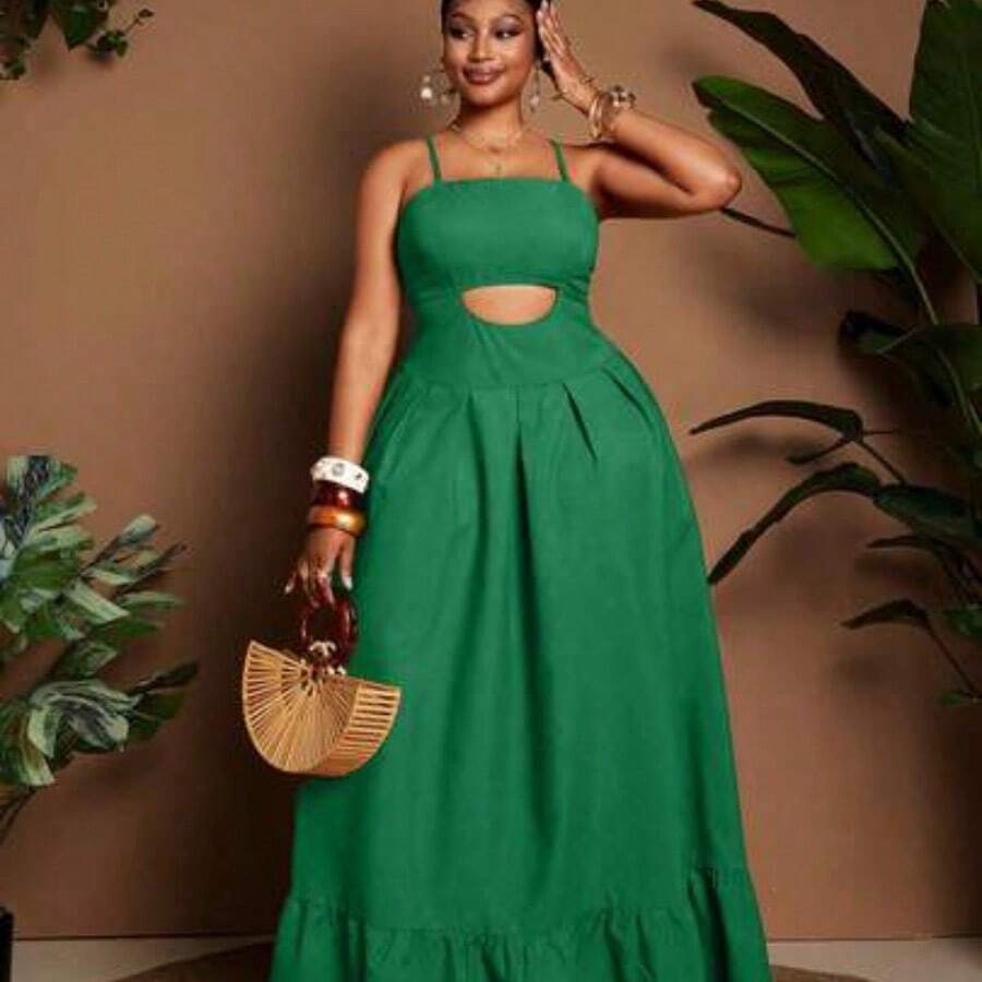Plus Size Sexy Spaghetti Strap Hollow Out Pleated Backless Summer Dress - Verde - Ver 1
