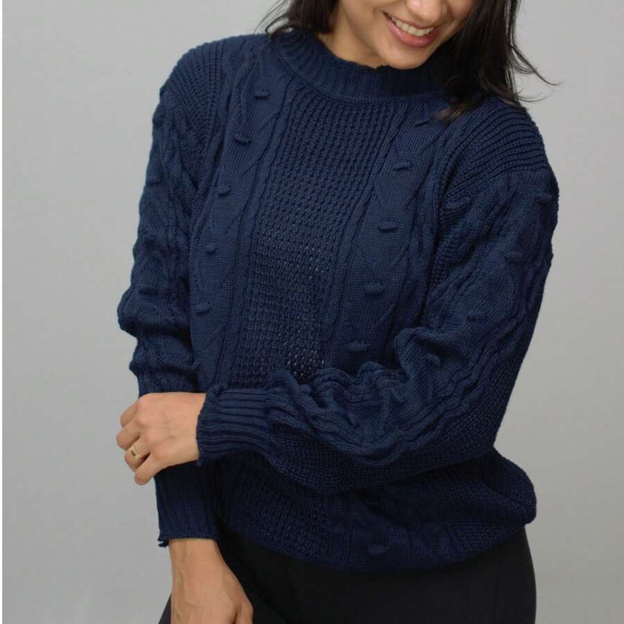 Women's Red Ribbed Knit Sweater With A Wool-Like Feel, Warm Long-Sleeved Top With A Crew Neck For Autumn And Winter. - 藏蓝色 - 查看 1