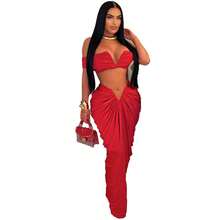 S10642 Sexy European And American Style Sleeveless Strapless Elastic Tight-Fitting Floor-Length Pleated Skirt Two-Piece Set - Đỏ - Xem 11