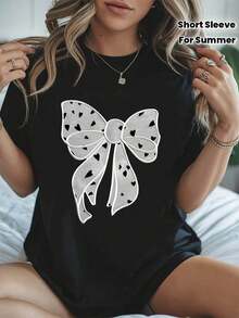 Camiseta de Mujer Talla Grande con Estampado Gráfico de Lazo de Puntos, Manga Corta, Cuello Redondo, Estilo Casual para Verano y Primavera, Ropa de Mujer para Verano - Negro - Ver 6