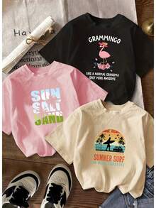 Conjunto de camiseta casual de manga corta para mujer, de una pieza, con diseño de cuello redondo, adecuado para uso en la playa. - Negro - Ver 7