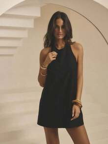Women's Solid Color Casual/Party Mini Dress With Halter Neck - Black - View 8
