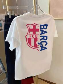 Camiseta de Mujer con el Logo del FC Barcelona - Diseño Oficial del Equipo, Transpirable - Mezcla de Tejidos, Cuello Redondo Casual, Manga Corta para Aficionados, Ropa Casual Cómoda para Todas las Temporadas, Artículos para Aficionados, Estilo, Tela Duradera, Ropa para Aficionados, Estilo Y2k, Camiseta - Blanco - Ver 2
