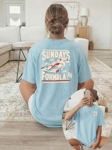 [Double-Sided Print] Women T-Shirt, Racing Cars "SUNDAYS ARE For FORMULA" Text, Casual Summer Short Sleeve Tee, High Quality - Sky Blue - View 11