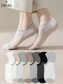 7 pares de calcetines tipo barco finos y transpirables de malla para mujer, calcetines invisibles antideslizantes, de estilo versátil para el verano - Multicolor - Ver 6