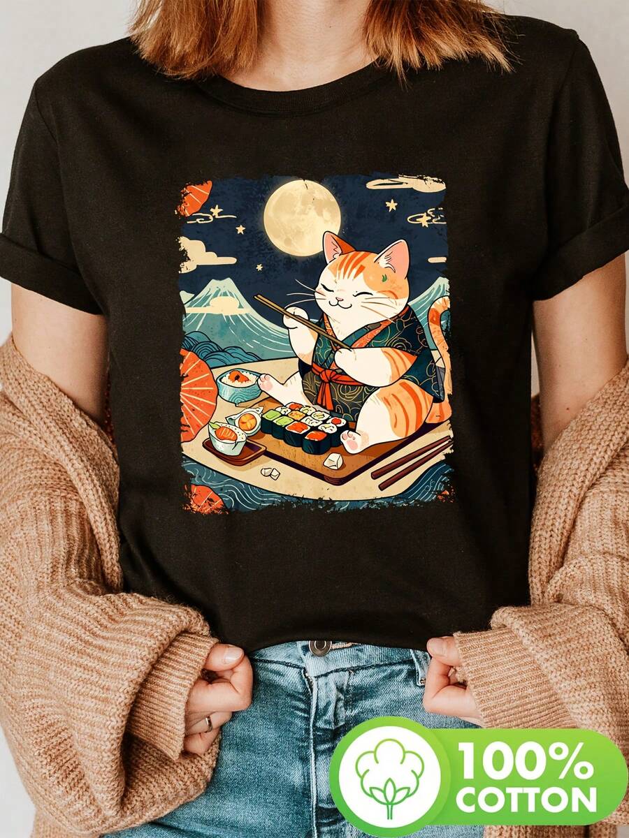T-Shirt With A Cat Eating Sushi Print, Short Sleeves, Round Neck, Casual Top For Summer And Spring, Women's Clothing, Comfortable Cotton T-Shirt - 黑色 - 查看 1