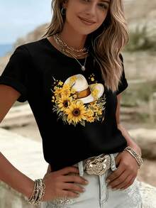Camiseta de algodón de manga corta para mujer, con estampado gráfico de girasoles y flores, ideal para vacaciones, estilo casual, cuello redondo, ropa de mujer. - Negro - Ver 4