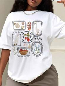 1 pieza. Estilo cotidiano, camiseta Cottagecore linda para uso diario, camiseta con estampado de pato y fruta estilo rústico, regalo para amantes del Cottagecore, camiseta de ganso, camiseta de jardinería, camiseta de primavera-verano, regalo para ella, diseñada para resaltar las curvas de forma suave, cómoda y que aumenta la confianza. 180g 100% algodón, todos los diseños están impresos. Unisexo. - Negro - Ver 5