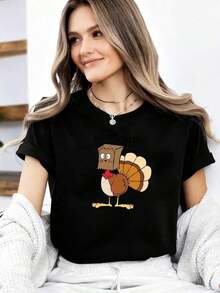 Estampado Gráfico Camiseta Mujer Algodón Ligera VeranoThanksgiving Turkey Print Oversized T-Shirt, Perfect For Outdoor Activities And Casual Wear.220gOversize Camiseta Mujer Estampado 100% Algodón Puro - Negro - Ver 7