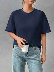 Camiseta holgada de estilo minimalista casual para mujer, con parte delantera corta y parte trasera larga, versátil para usar en la calle, adecuada para primavera y verano - Azul marino - Ver 6