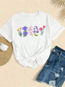 Gift: Casual Cotton T-Shirt With Floral Print. Quality Fabric, Loose Fit, Breathable, Casual Style, Unique Graphic Print. Soft - 白色的 - 查看 3