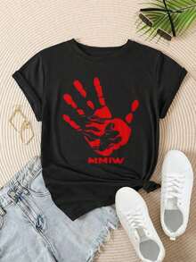 Camiseta Casual de Manga Corta para Mujer - Estampado de Mano Roja con Rostro de Mujer y Texto Mmiw, Cuello Redondo, Top de Verano, Lavable a Máquina, Camisetas para Damas, Ropa Casual, Estilo Moderno, Ajuste Cómodo  
 -Blanco - Negro - Ver 2
