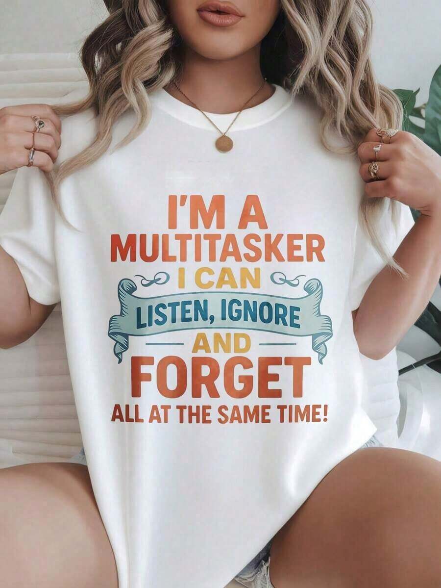 Women's Casual Short-Sleeve T-Shirt - "I'm A Multitasker, I Can Listen, Ignore, And Forget Everything At The Same Time," Crew Neck, Summer Top, Machine Washable, Ladies' T-Shirts, Casual Wear, Modern Style, Comfortable Fit
-White - 白色 - 查看 1