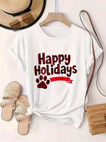 Camiseta Casual de Manga Corta para Mujer - Diseño de Cuadros Rojos con Estampado de Huellas de Mascota para Fiestas, Cuello Redondo, Top de Verano, Lavable a Máquina, Camisetas para Damas, Ropa Casual, Estilo Moderno, Ajuste Cómodo  
 -Blanco - Blanco - Ver 2