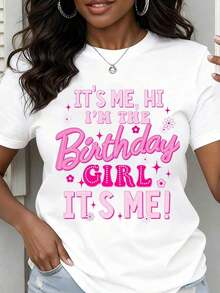 Women's Round Neck T-Shirt With Pink Floral Print 'It's Me, Hello, I'm The Birthday Celebrant', Short Sleeve, Casual, For Party, Celebration, Birthday Gift - 白色 - 查看 7