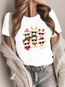 Camiseta de Manga Corta para Mujer - Estampado de Ovejas "Cute Sheep Squad", Top Casual Suave y Transpirable para Todas las Estaciones, Ideal para Navidad y Uso Diario, Lavable a Máquina (Base Blanca) - Blanco - Ver 1