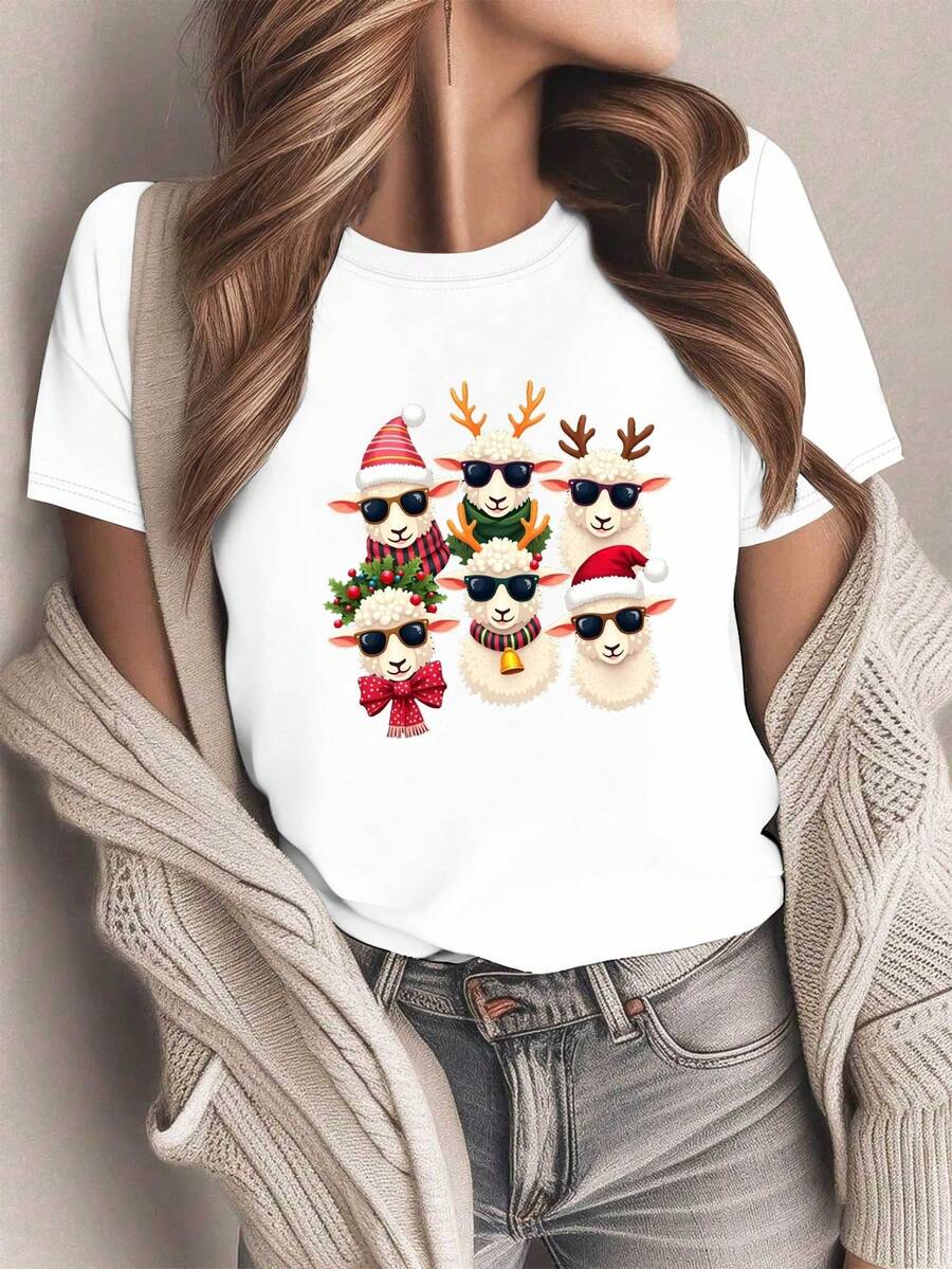 Camiseta de Manga Corta para Mujer - Estampado de Ovejas "Cute Sheep Squad", Top Casual Suave y Transpirable para Todas las Estaciones, Ideal para Navidad y Uso Diario, Lavable a Máquina (Base Blanca) - Blanco - Ver 1
