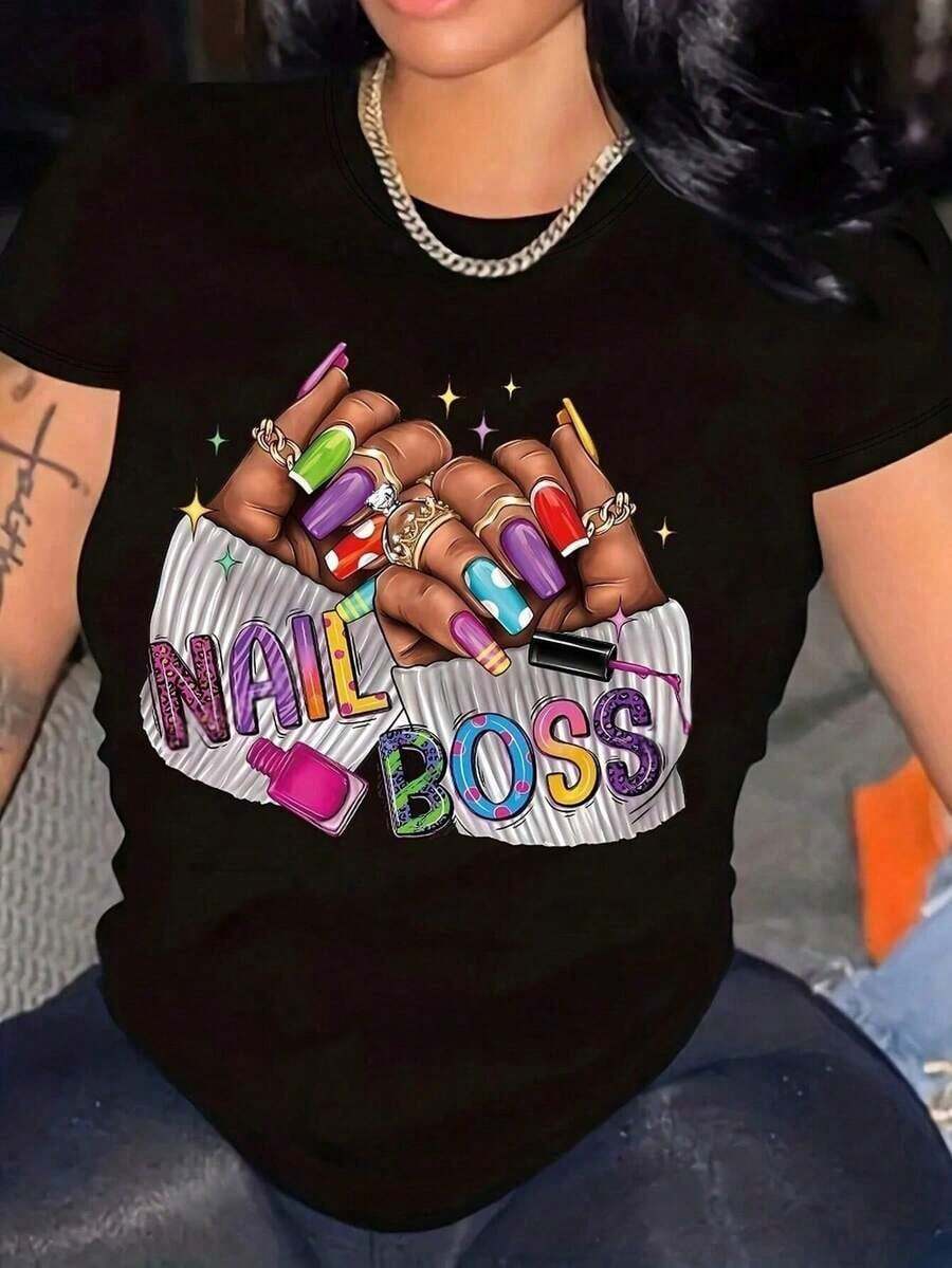 1 Piece Of Women's Clothing, Casual Printed T-Shirt, 100% Cotton, With Graphic Print Of Hands Doing Manicures "NAIL BOSS", Graphic Tees For Women, Tops, Summer Sets, Tops For Women, Unisex, 180g 100% Cotton, All Designs Are Printed. Unisex. - 黑色 - 查看 1