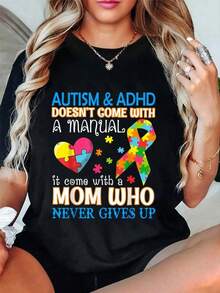 Camiseta Vintage Holgada Mujer con Estampado de Letras Casual Diario 100% Algodón Autismo y TDAH No Incluye Manual, Incluye una Camiseta de Mamá Camiseta Vintage de Corte Relajado para Mujer Tops Suaves Premium Camisetas de Moda con Cuello Redondo Estampado Oversize Camiseta Mujer Estampado 100% Algodón Puro - Negro - Ver 6
