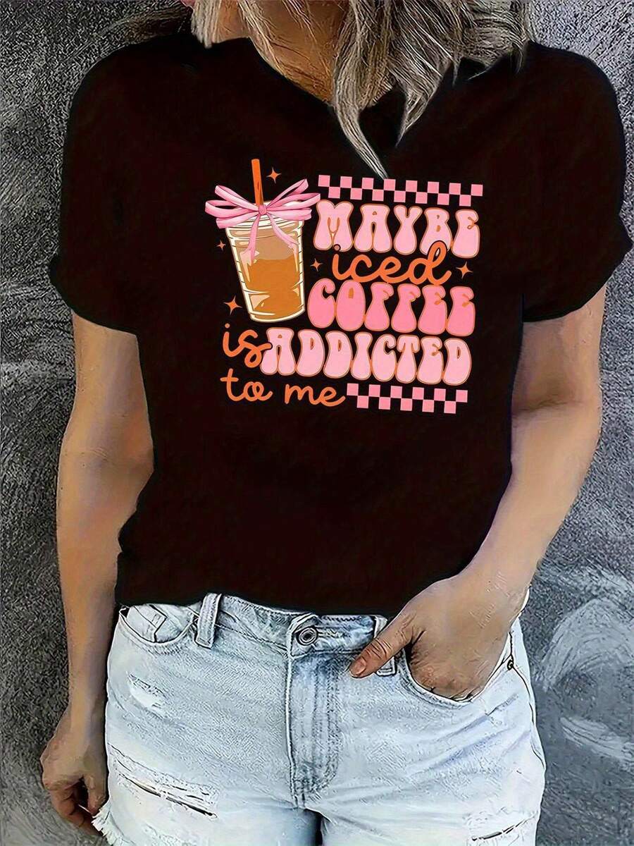 Women's Casual Graphic Print T-Shirt - "Iced Coffee Is My Love Language" And Cold Brew Cup Print, Soft And Stretchy Fabric, Relaxed Fit, Crew Neck, Short Sleeve, Machine Washable For Spring, Summer And Autumn, Casual Design, Women's T-Shirts Style Y2k - 黑色 - 查看 1