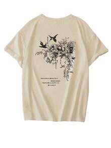 Nueva llegada de verano: Camiseta casual de manga corta con estampado floral y cuello redondo, top de mujer moderno y versátil. - Albaricoque - Ver 4