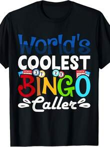Modern And Comfortable - The Coolest Bingo Print T-Shirt In The World, Unisex Design, Made With 220G Solid Color Short Sleeve Print, Suitable For Summer 2025, Casual Printed Round Neck T-Shirt, Ideal For Gift. - 黑色 - 查看 6