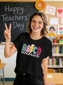 Camisas para profesoras, bonitas, con gráficas divertidas y estampado de letras. - Negro - Ver 2