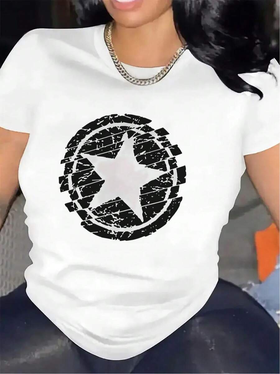 VivaGlam-Casual T-Shirt With A Star Pattern Design, Lightweight And Durable.Suitable For Home, Work, Or Outdoor Activities, It Provides Comfort And A Look, Making It An Ideal Choice For Casual Attire"Sport""Athleisure" - 白色 - 查看 1