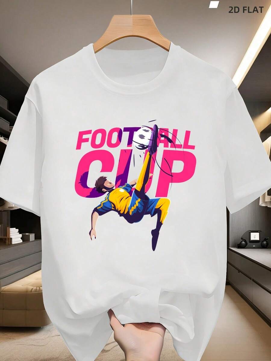 Camiseta de manga corta para hombre, 100% algodón, con estampados dinámicos de la Copa Mundial de Fútbol  e ilustraciones de gimnasia, cuello redondo, cómoda y casual, disponible en varias tallas y especificaciones. - Blanco - Ver 1