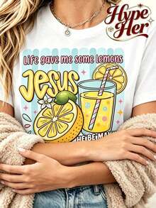 Vintage HypeHer Nueva Camiseta de Verano 2026 para Mujer con Estampado 'Jesus Lemonade', Camiseta Gráfica 'But My Jesus He Be Makin' Lemonade', Estilo Casual Urbano de Playa y Vacaciones, Camiseta Holgada Multifuncional de Cuello Redondo Beige de Manga Corta, Regalos Ideales para Pascua, Ropa de Verano para Mujer. Moda - Blanco 2 - Ver 6